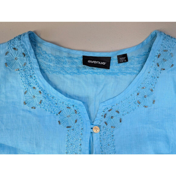 Beaded Boho Linen Tunic Blouse Womens 14 16 Aqua Blue Lagenlook Hippie Fairy - Picture 2 of 9